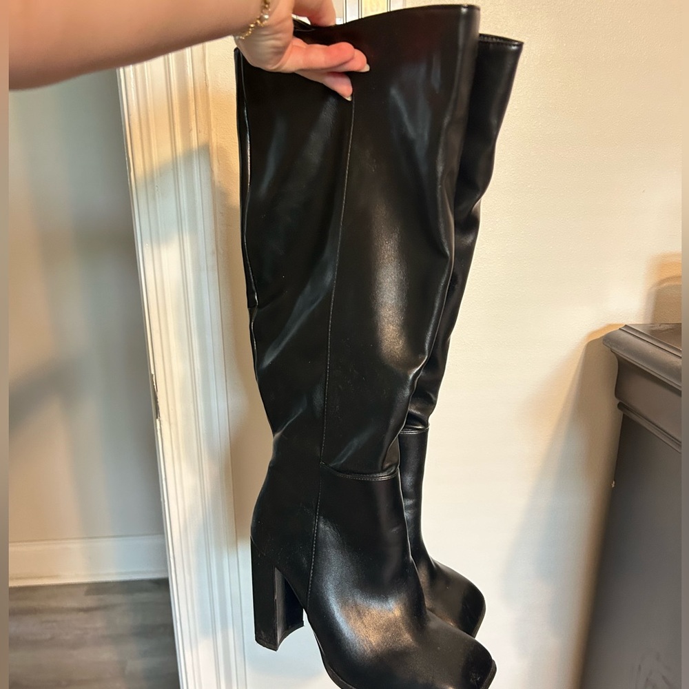 Black Knee High Leather Boots - Square Toe